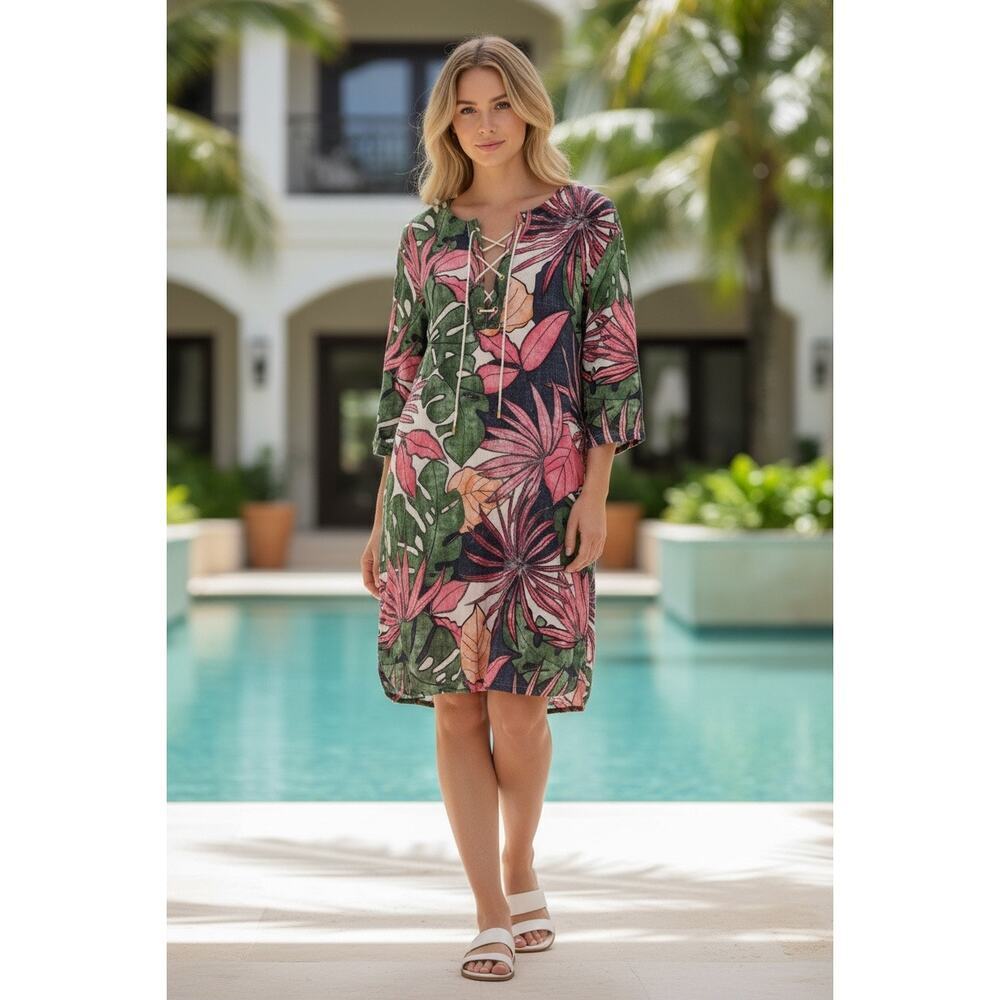 Tommy Bahama 100% Linen Tropical Print Lace Up Tunic Dress Resort Beach M